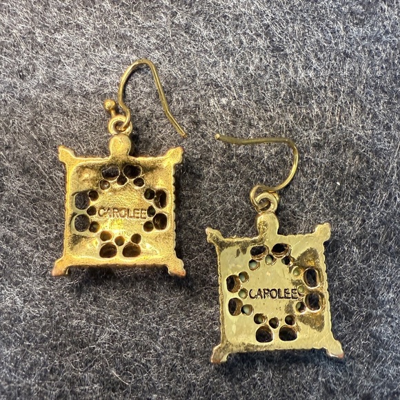 Vintage Carolee Square Gold Tone Turquoise Rhinestone Amber Beaded Earrings - Picture 7 of 9